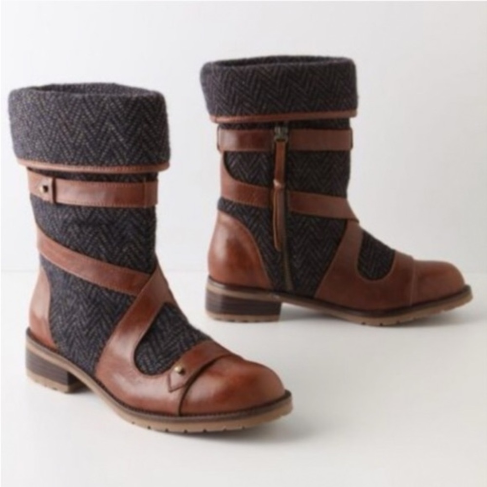 Anthropologie Schuler & Sons Leather Tweed Boot Sz 5.5